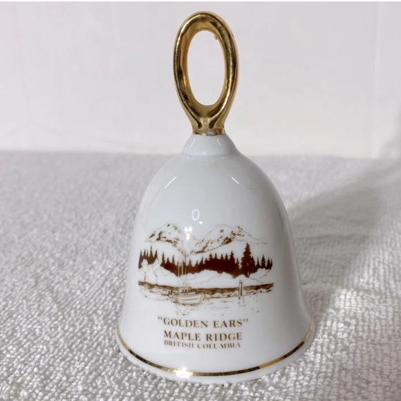 Vintage White Brown Gold Maple Ridge  British Columbia Ceramic Souvenir Bell - Picture 1 of 11